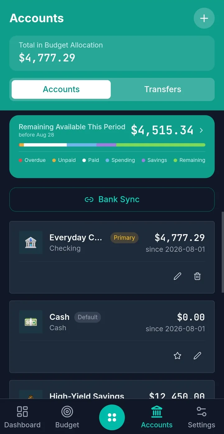 Duezy accounts screen in dark mode showing bank accounts and balances