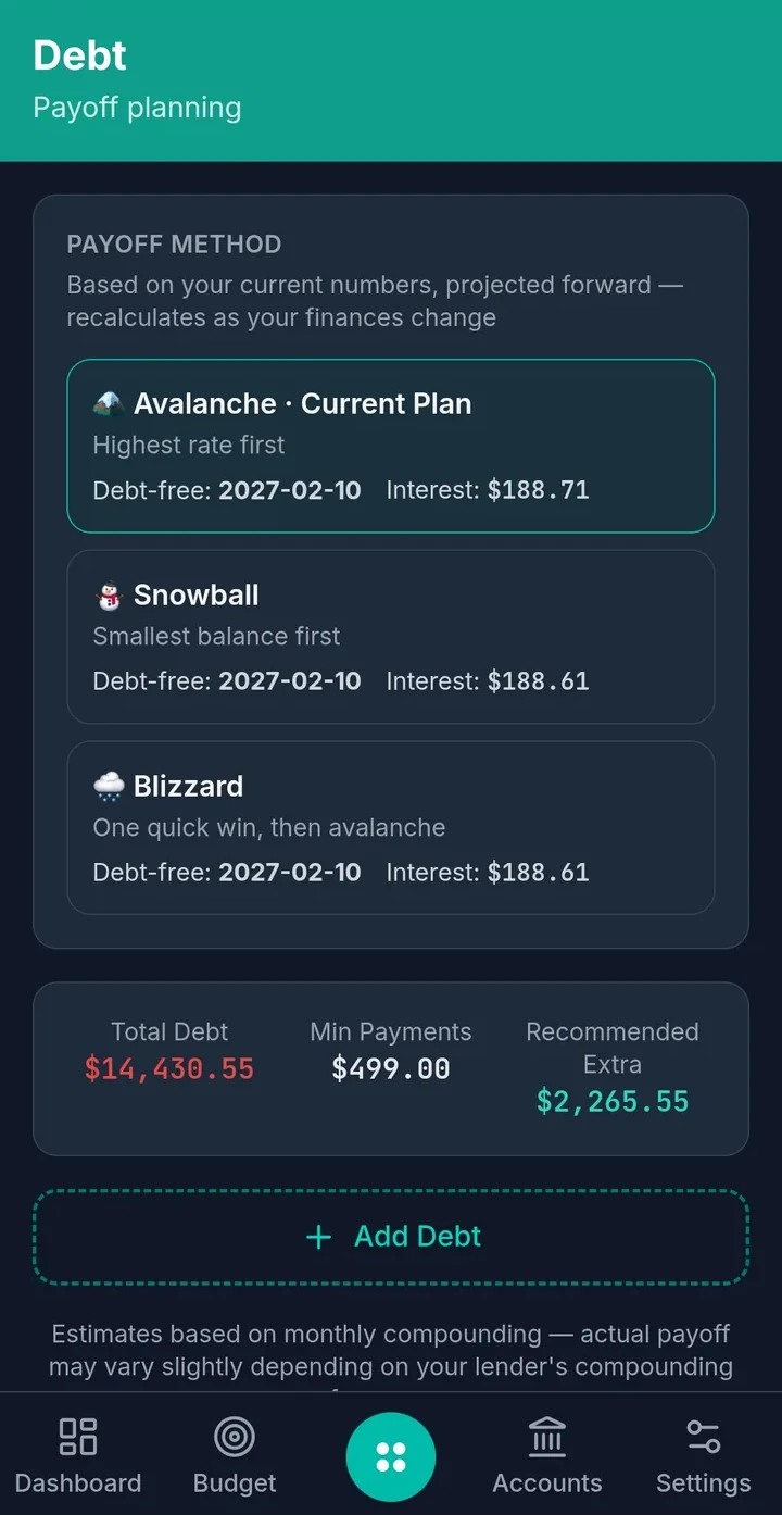 Duezy debt payoff plan in dark mode comparing payoff methods